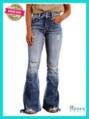 Bell Bottom Jeans Flared Ripped High Waist Stretchy Distressed Denim Bootcut